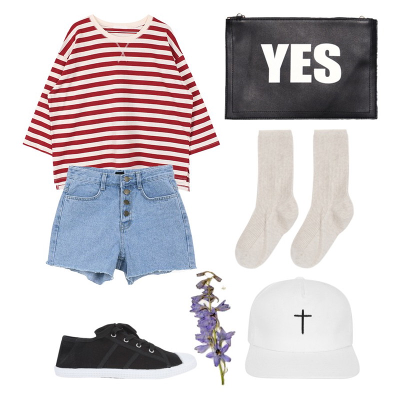 biznshoe Boxy stripe tee (3color),Reine I Say Yes Bag,Zemma World 하이-버튼쇼츠 (pt)등을 매치한 코디