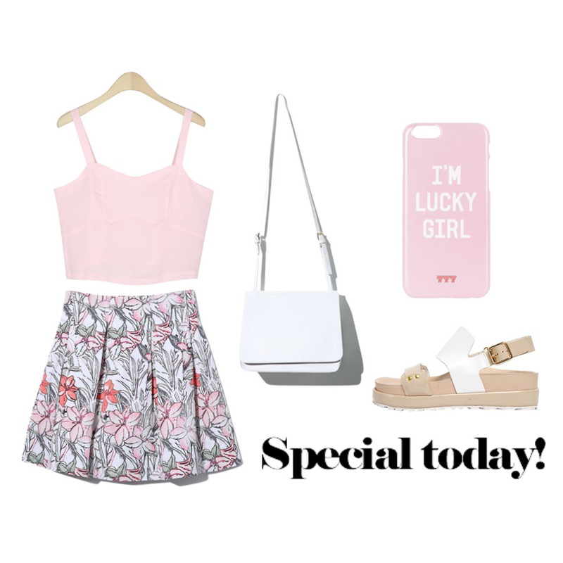 Reine Anna Daisy Flower Skirt,biznshoe Chunky enamel sandal (2color),AIN isabell sleeveless bustier (4 colors)등을 매치한 코디