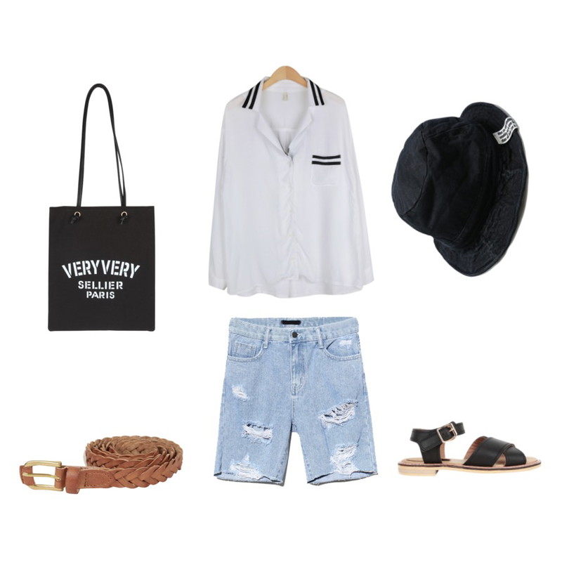 AIN very very cotton bag (2 colors),AIN marine V-neck soft shirt (2 colors),Reine Conjuring Scratch Denim Pants등을 매치한 코디
