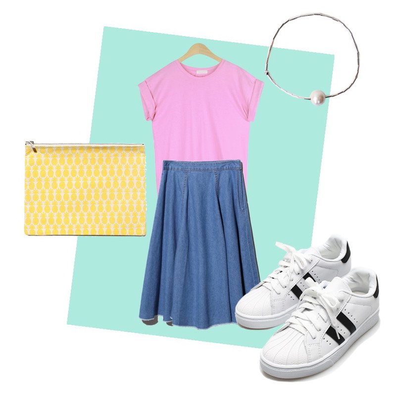 Emerald Background,AIN vivid roll-up sleeve T (5 colors),Reine Madeleine Flared Denim Skirt등을 매치한 코디