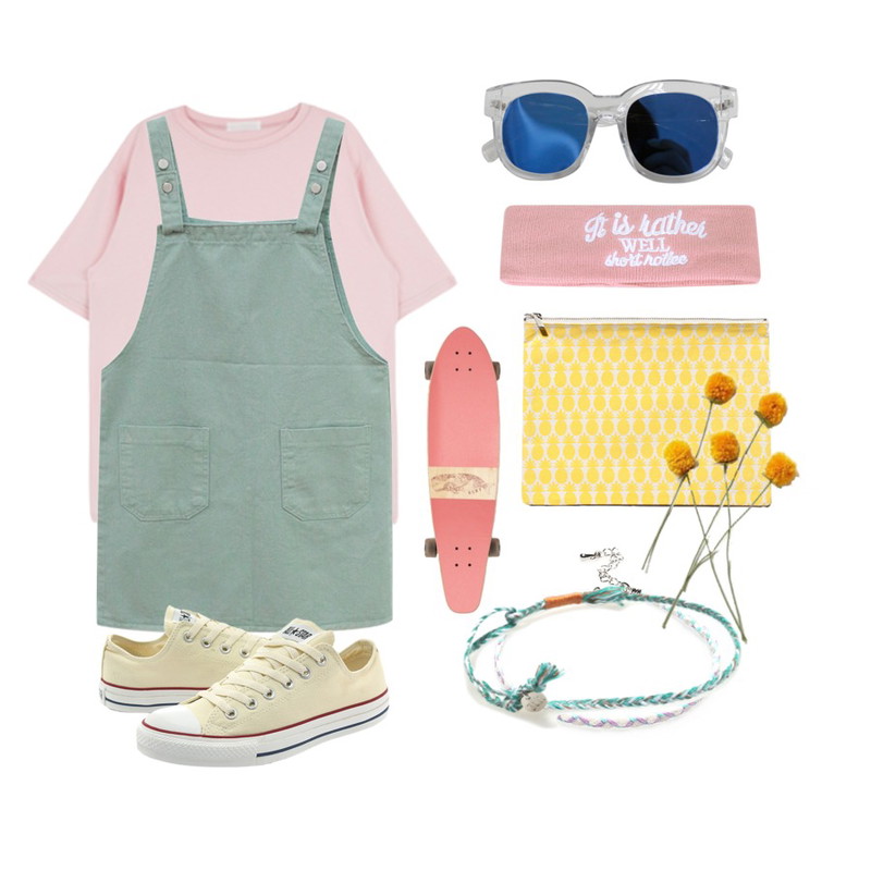 Pink Cruiser Board,Reine American Ankle Bracelet,MIXXMIX 크렌 데일리 티셔츠등을 매치한 코디