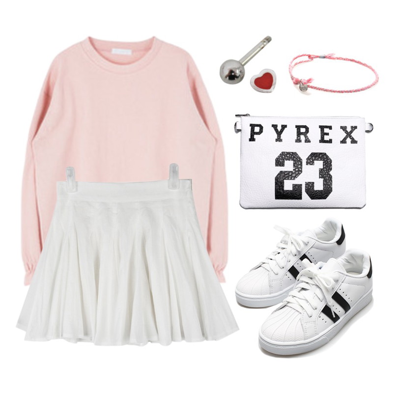 MIXXMIX 슬리브 프릴 티셔츠,AIN gauze flare skirt (3 colors),Reine Houston Chronicle Sneakers등을 매치한 코디