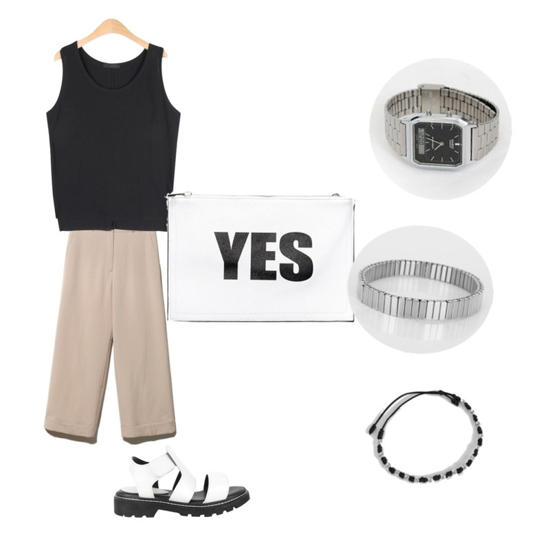AIN chunky martin sandal (2 colors),Reine Wide Roll-Up High Slacks,AIN muzi basic fit slit sleeveless (5 colors)등을 매치한 코디
