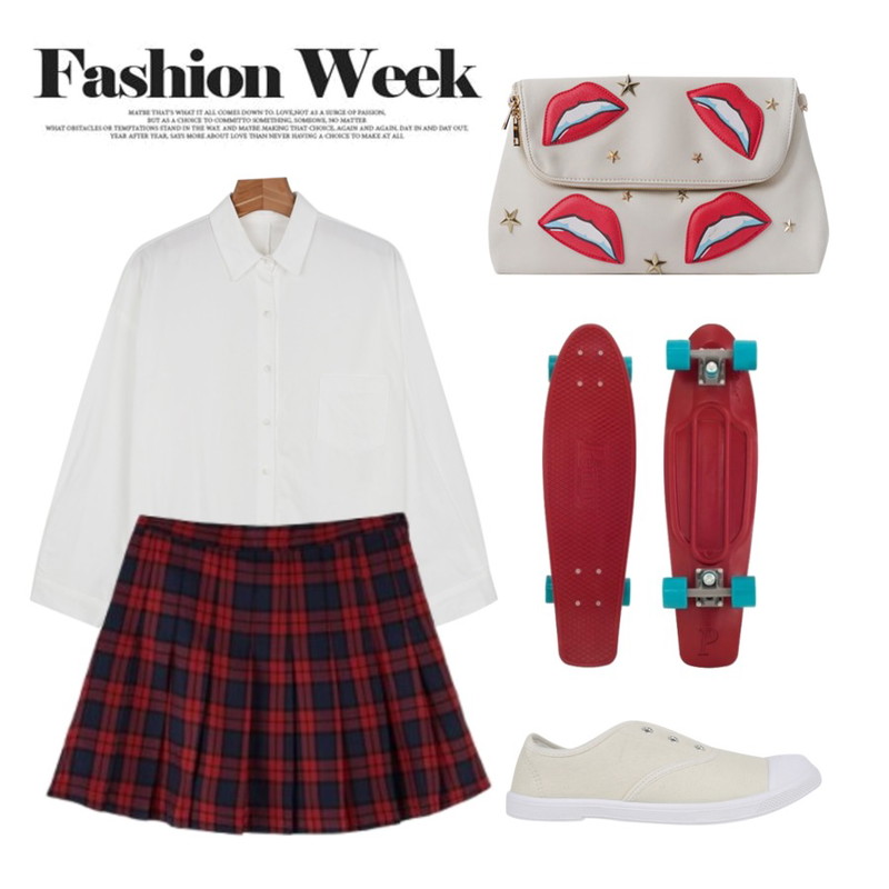 MIND ME lip&star 패치 클러치 (2color),MIXXMIX 심플 타탄체크 스커트,daily monday Simple boxy shirt등을 매치한 코디