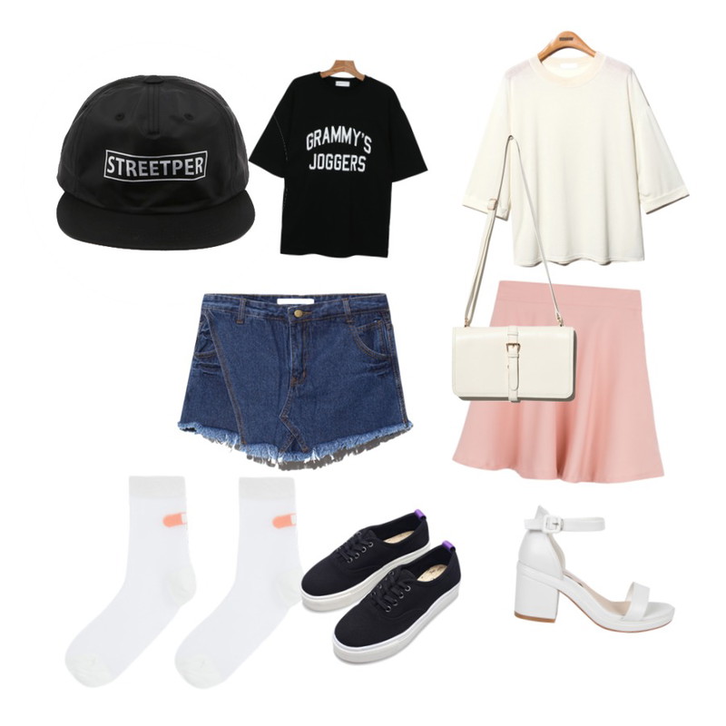 AIN simple light heel (2 colors),MIXXMIX 시그너스 웨이브 스커트,Reine Soft Touch Voca Tee등을 매치한 코디
