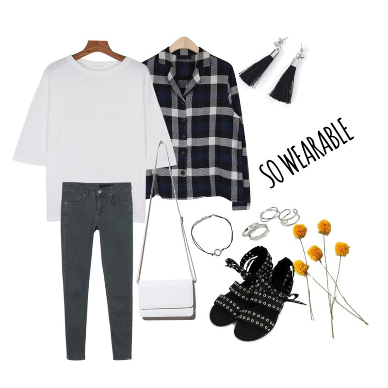 yellow flower,AIN tartan-check light shirt jacket (2 colors),daily monday Fall in love tee등을 매치한 코디