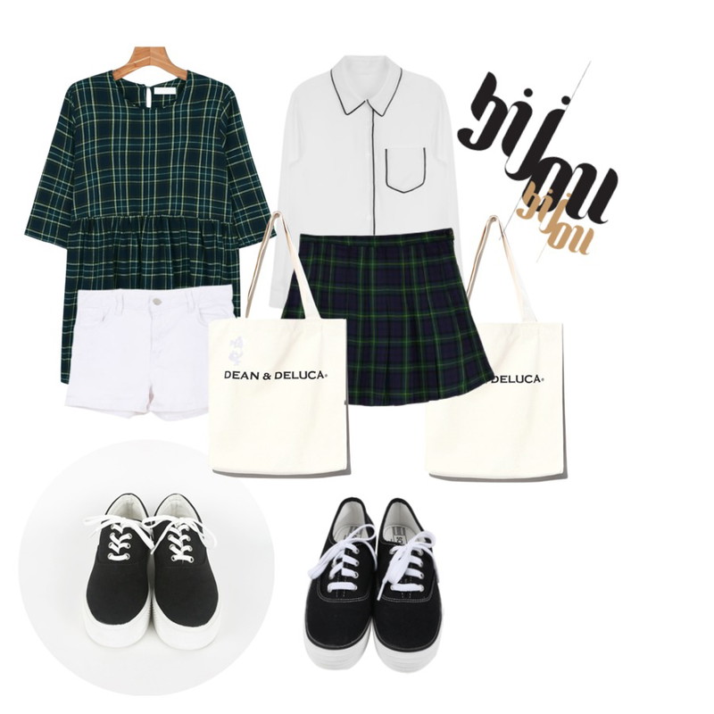 daily monday Step up high sneakers[스니커즈,통굽,운동화,슈즈],Reine Everyday Practical Eco Bag,MIXXMIX 플럼 라인 블라우스등을 매치한 코디
