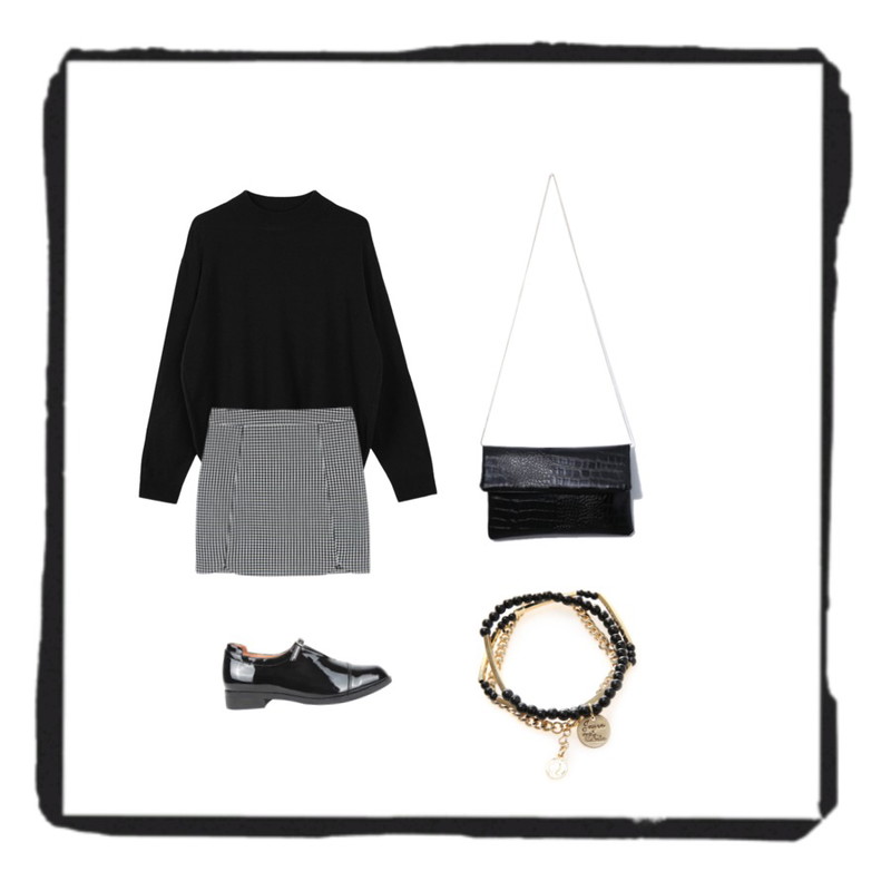 MIXXMIX LAB꾸안꾸 트임 스커트,AIN belted enamel loafer (2 colors),biznshoe Half neck loose knit (5color)등을 매치한 코디
