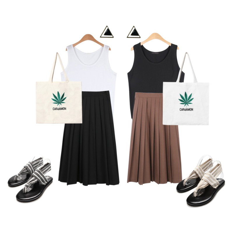 daily monday Long strong pleats skirt[플리츠스커트,스커트,치마,플리츠치마,롱스커트,롱치마],AIN muzi basic fit slit sleeveless (5 colors),AIN muzi basic fit slit sleeveless (5 colors)등을 매치한 코디