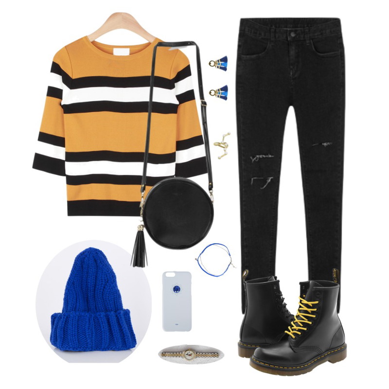 MIXXMIX 319 데미지 스키니 팬츠,AIN poinr stripe 1/2 kint T (3 colors),MIXXMIX 심플 컬러 데일리 비니등을 매치한 코디
