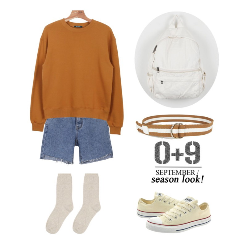 daily monday Natural cutting denim shorts,MIXXMIX 포인트 스트라이프 벨트,daily monday Daily cotton basic man to man등을 매치한 코디