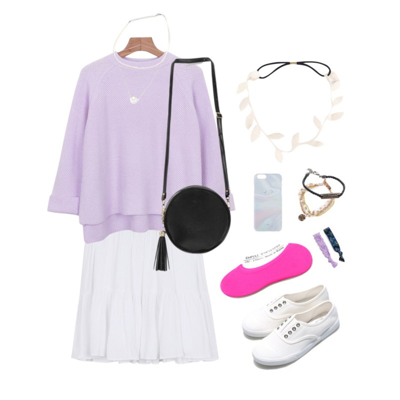 daily monday Wide sleeve spring knit,Reine Bensimon Punching Sneakers ,daily monday Two shirring skir등을 매치한 코디