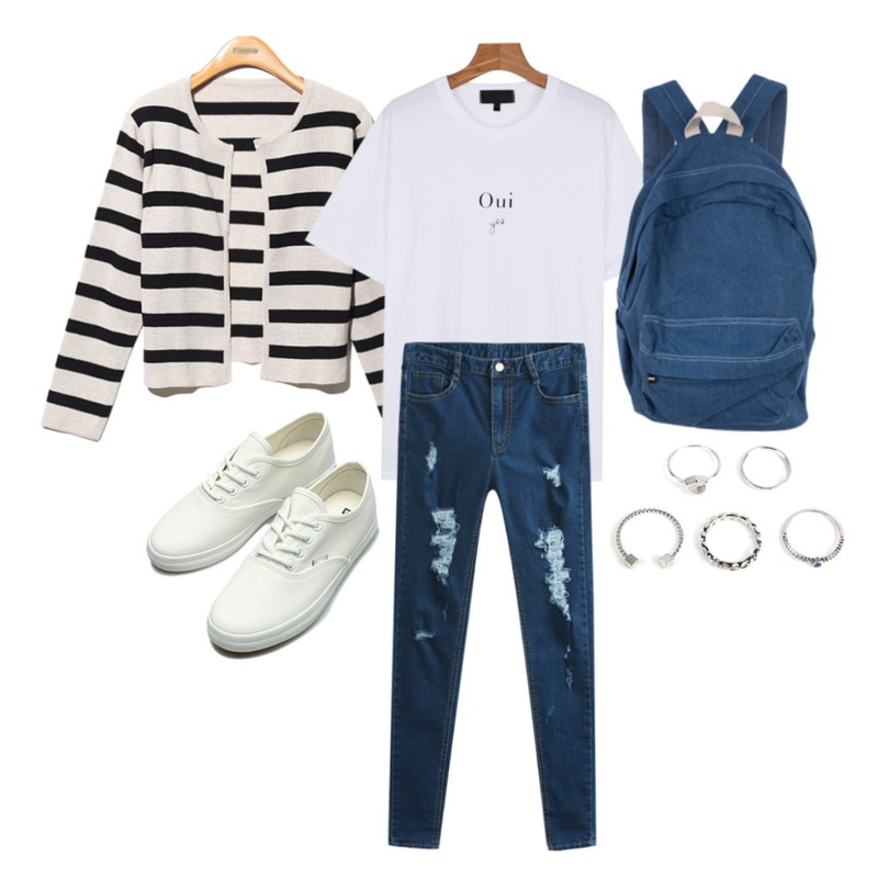 TODAY ME [skinny]잇츠 스키니진,daily monday Boxy-fit Cotton lettering tee,Reine Mary Mary Stripe Cardigan등을 매치한 코디