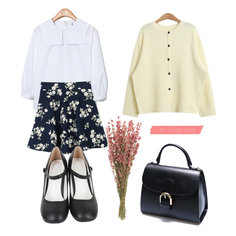 daily monday Flower banding skirt,Reine Marine Wide Collar Blouse,TODAY ME [cardigan]앨런 가디건등을 매치한 코디