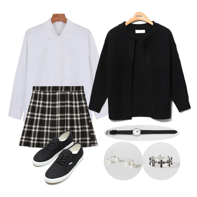 daily monday Daily v-open shirts,Reine Round No-Button Knit Cardigan,MIXXMIX 렐리 플리츠 스커트등을 매치한 코디