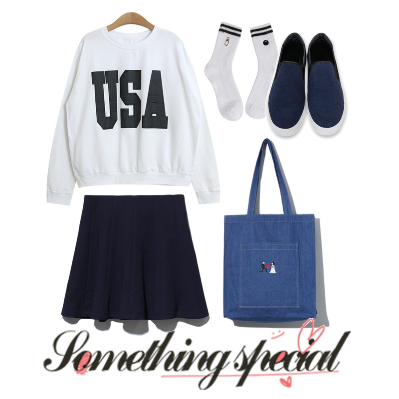 Reine Propose Denim Eco Bag,TODAY ME [mtm]USA 맨투맨,Reine Julie Flare Skirt등을 매치한 코디