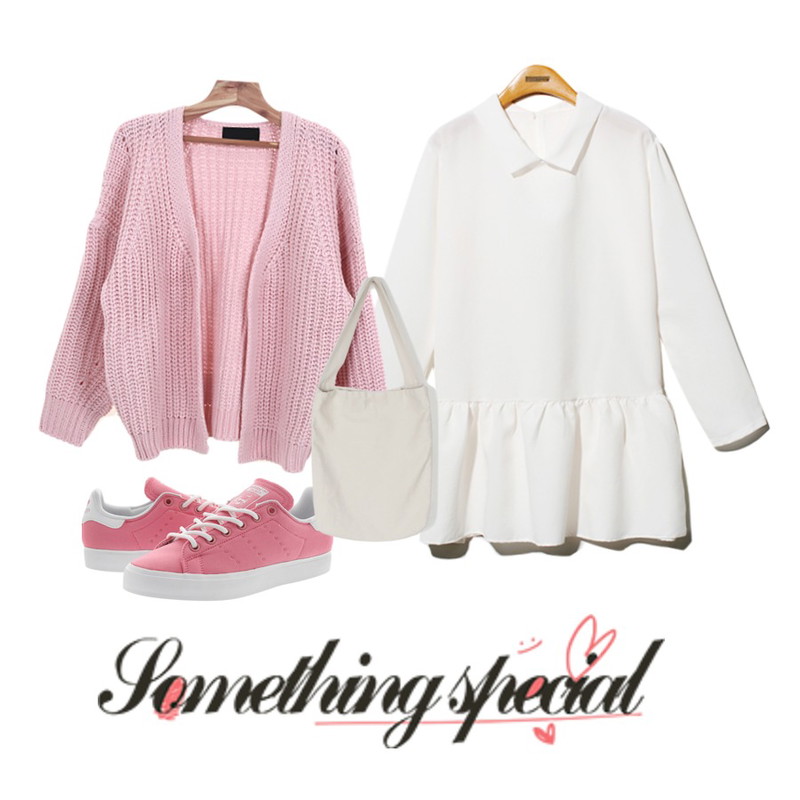 Zemma World Cotton candy cardigan,Player 아디다스 스탠 스미스 벌크 J 핑흰 (STAN SMITH VULC J VSPNK/VSPNK/FTWHT),Reine Petite Collar Ruffle Onepiece등을 매치한 코디
