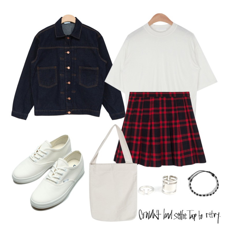 Pebble square SET (2ea),MIND ME 빈티지 모드 데님 자켓,AIN flat soft 1/2 T (4 colors)등을 매치한 코디
