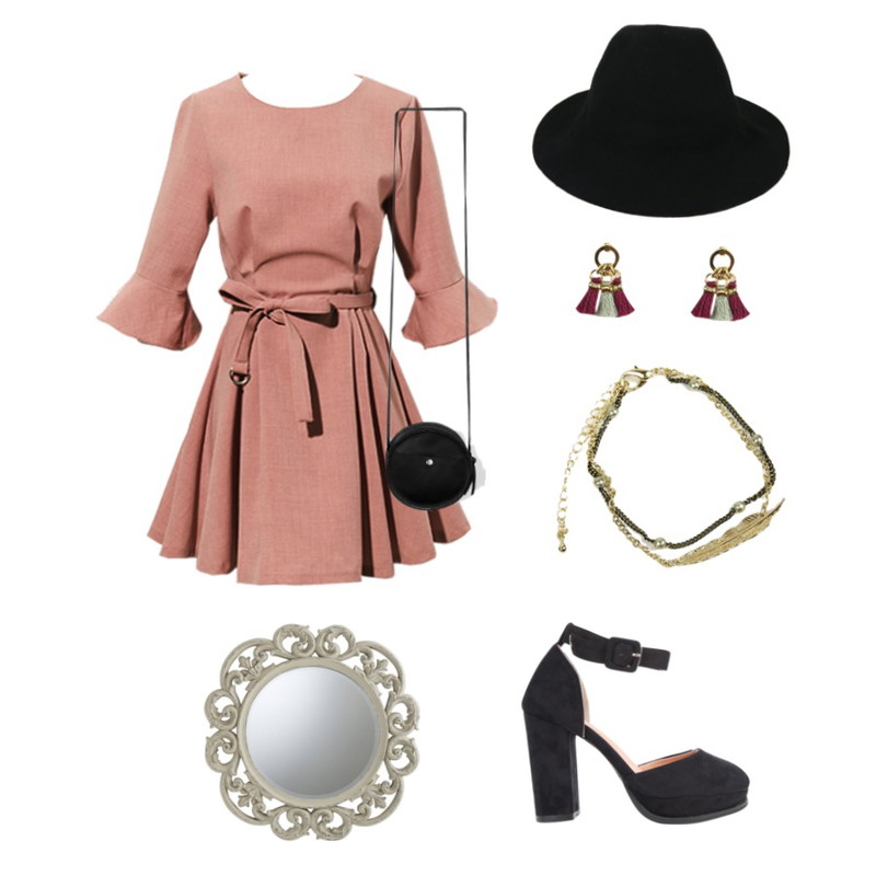 Zemma World 젠틀-페도라 (hat),AIN suede strap heel (2 colors),Reine Grooming Ruffle Belted Onepiece등을 매치한 코디