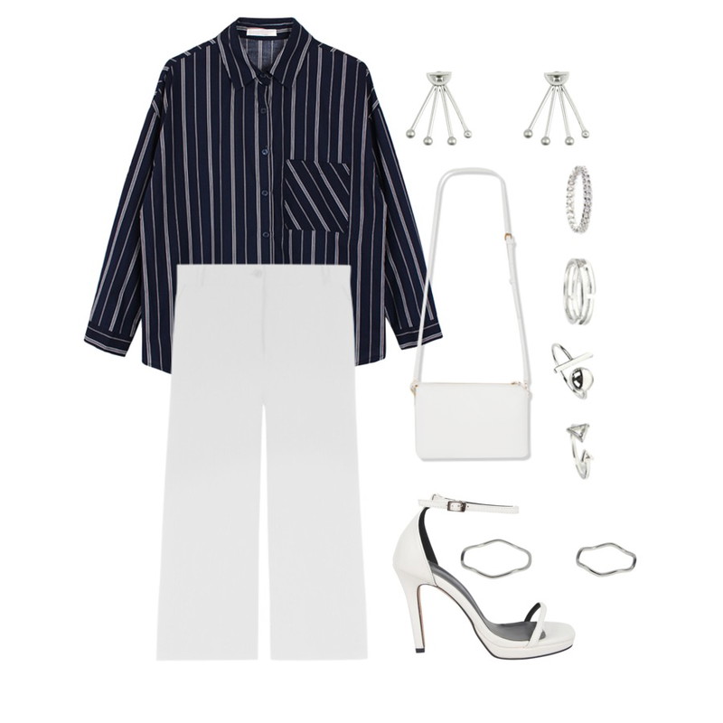 AIN chic edge line heel (6 colors),biznshoe Stiff stripe shirts (2color),MIXXMIX 마티나 루즈 슬랙스등을 매치한 코디