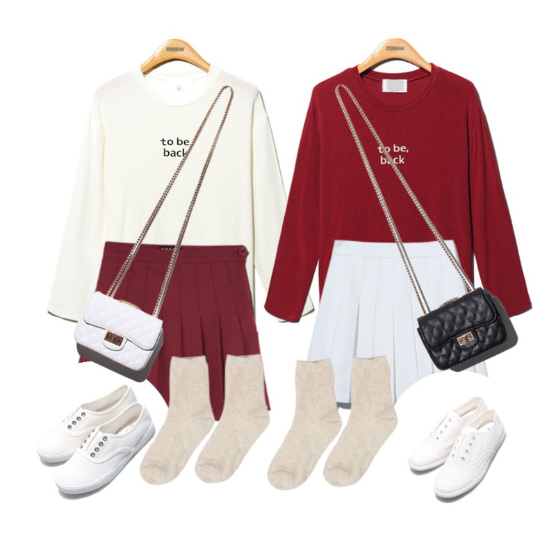 Reine Monotone Pleats Skirt,Reine To Be Back Tee,Reine To Be Back Tee등을 매치한 코디