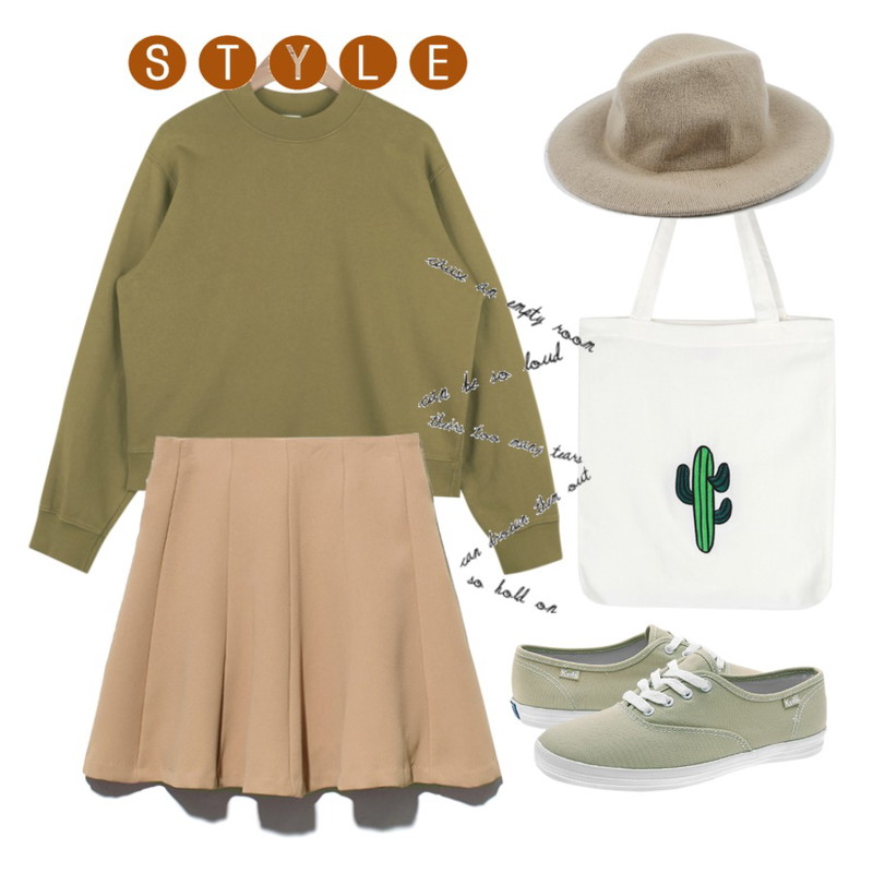 AIN cactus eco bag,Reine Julie Flare Skirt,AIN warm cotton mtm (3 colors)등을 매치한 코디