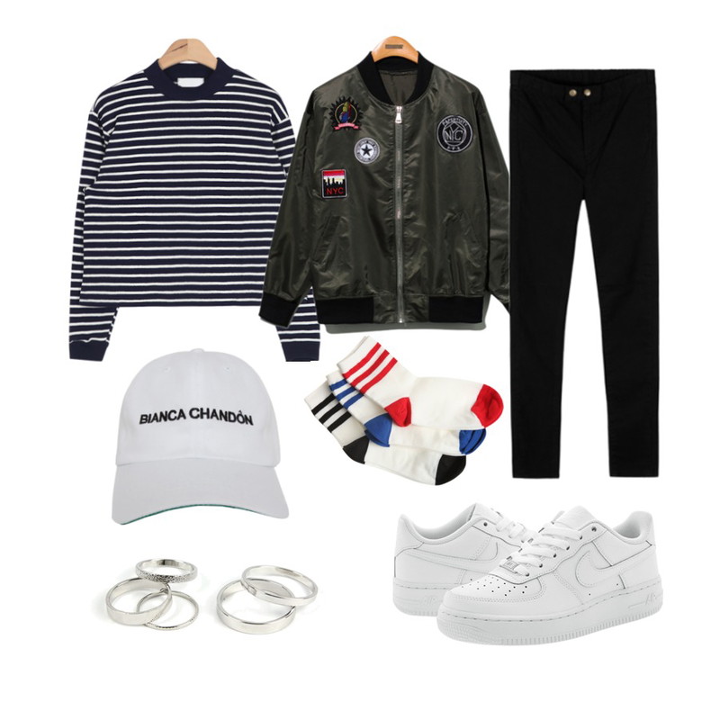 MIXXMIX 815 투버튼 팬츠,Reine NYC An Emblem Flight Jumper,AIN half-neck cotton stripe T (2 colors)등을 매치한 코디
