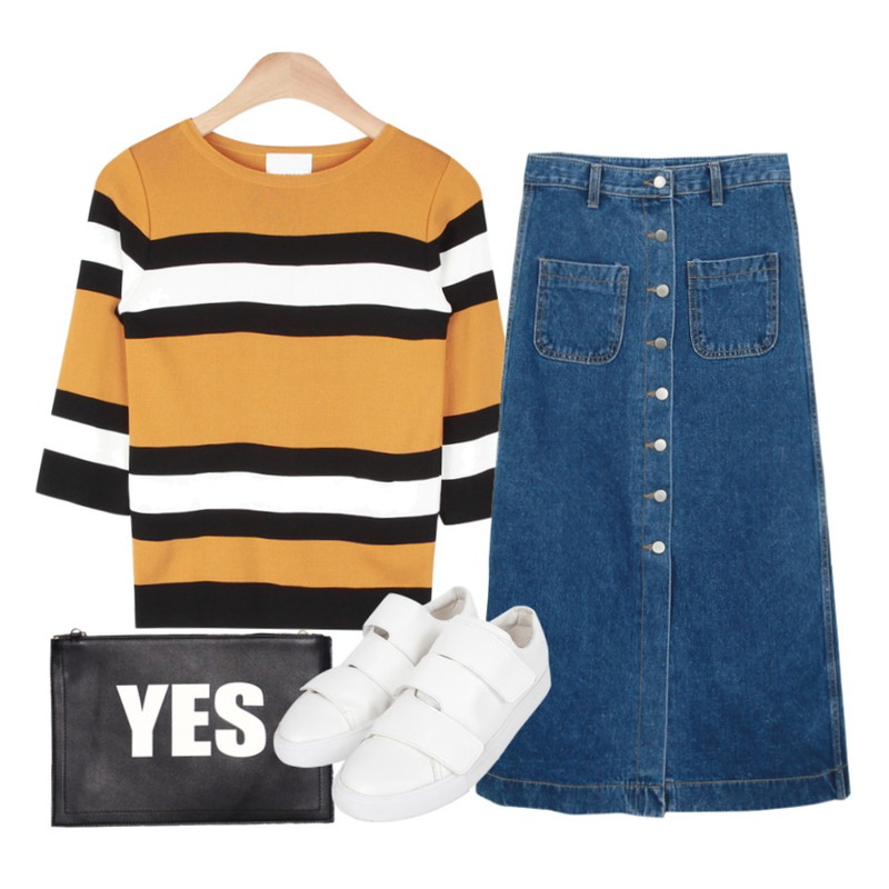Reine I Say Yes Bag,AIN point stripe 1/2 kint T (3 colors),daily monday Denim button long skirt등을 매치한 코디