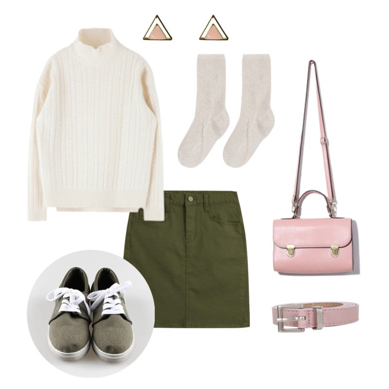 daily monday 6 color 2 string sneakers[6컬러2스트링스니커즈,운동화,스니커즈,단화,기본로퍼],MIXXMIX 꽈배기 하프넥 니트,TODAY ME [skirt]수리 스커트등을 매치한 코디