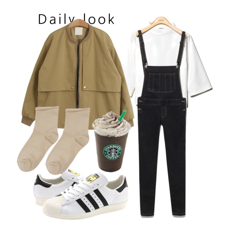 daily look,Reine Genis Suspender Denim Pants,Reine Waffle Half Neck Crop Tee등을 매치한 코디