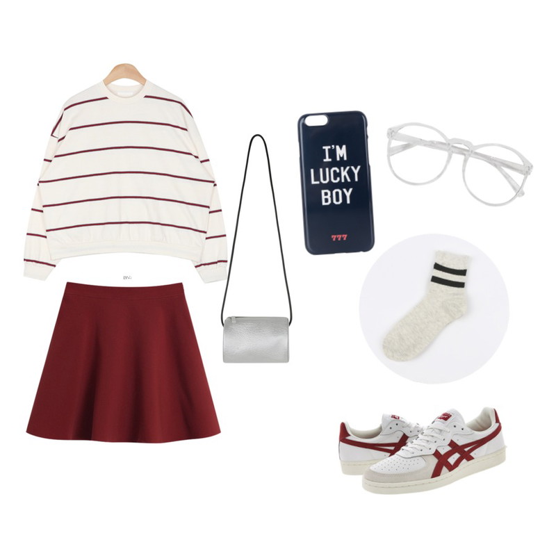 TODAY ME [skirt]아몬드 스커트,Player 오니츠카타이거 GSM 화이트버건디 (GSM WHITE/BURGUNDY),AIN mix-stripe easy mtm (2 colors)등을 매치한 코디