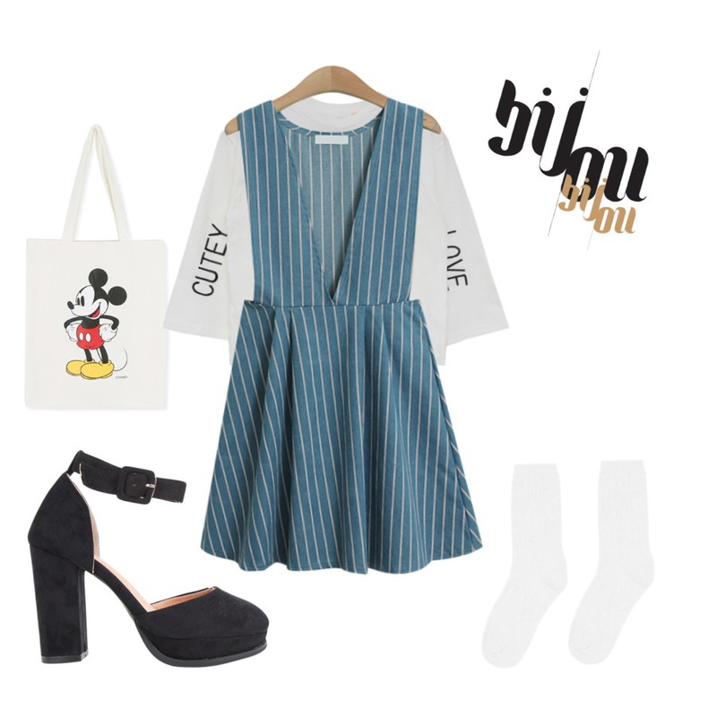 daily monday Disney micky eco bag,AIN suede strap heel (2 colors),MIND ME CUTEY LOVE tee (2color)등을 매치한 코디