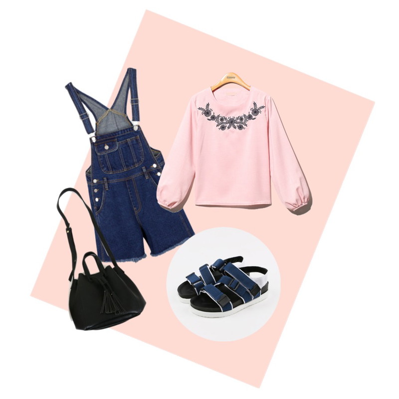Peach,MIXXMIX 843 오버롤 팬츠,Reine Round Vintage Flower Blouse등을 매치한 코디