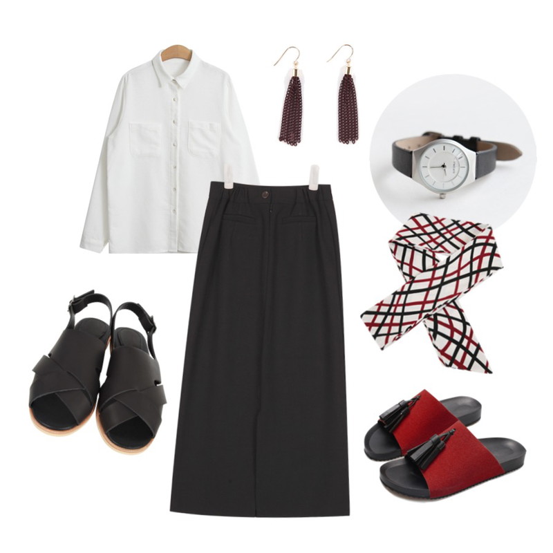 Reine Tomboy Tassel Slippers,AIN center opening vent skirt (2 colors),TODAY ME [shirt]쏘앤 셔츠등을 매치한 코디