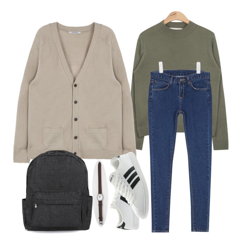 AIN semi neck-line modern knit (5colors),MIXXMIX 365BASIC베이직 브이넥 가디건 (남여공용),AIN standard slim denim skinny등을 매치한 코디