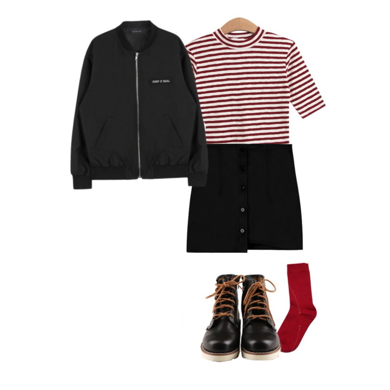 TODAY ME [tee]하이넥 단가라티,MIXXMIX WOMEN 인기 급상승뮤스 버튼 포인트 스커트,MIXXMIX HIDE AND SEEK소프트 패치 점퍼등을 매치한 코디