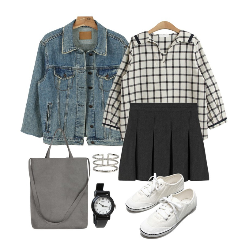 TODAY ME [blouses]태그 블라우스,daily monday Vintage cutting denim jacket,MIXXMIX 플릿 데님 플리츠 스커트등을 매치한 코디