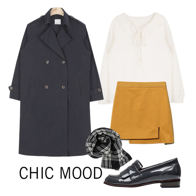 MIXXMIX 리본 레이스 블라우스,Reine Lua Twim H-Line Skirt,AIN high-quality feminine trench coat (4 colors)등을 매치한 코디