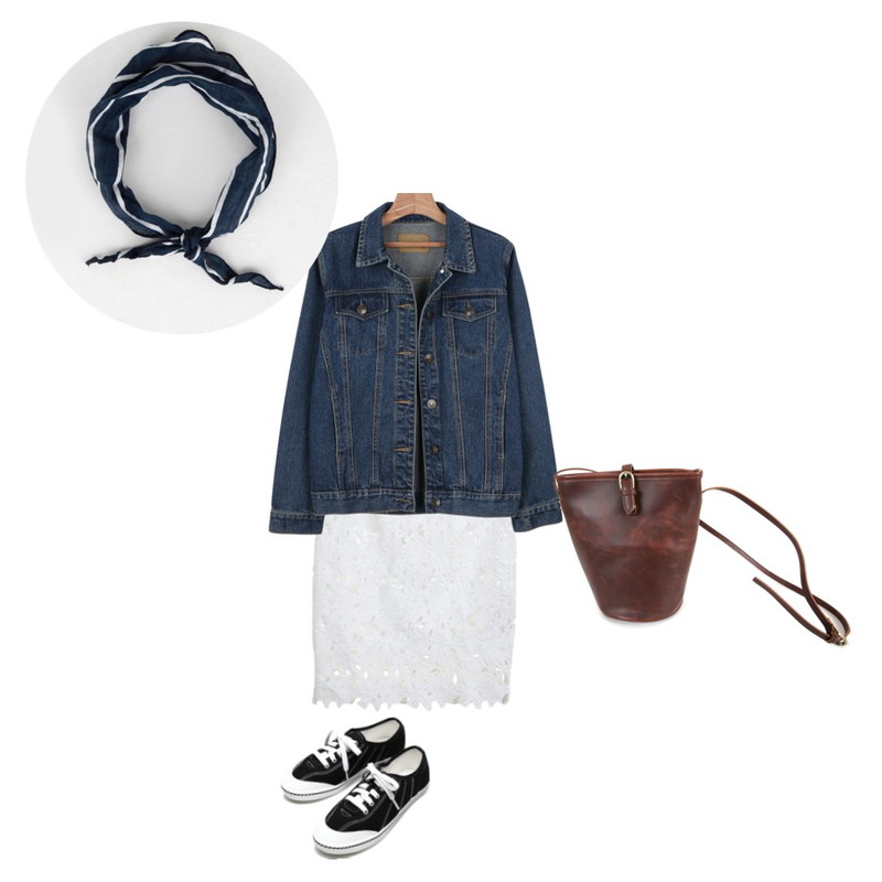 Zemma World Flower lace skirt,daily monday Spring denim jacket,Reine Sporty Nature Stitch Sneakers등을 매치한 코디