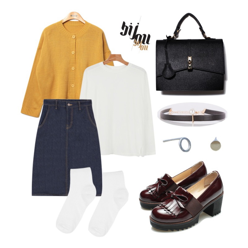 MIXXMIX 아미 롱 데님 스커트,daily monday Color cozy tee,Reine Marni So Knit Cardigan등을 매치한 코디