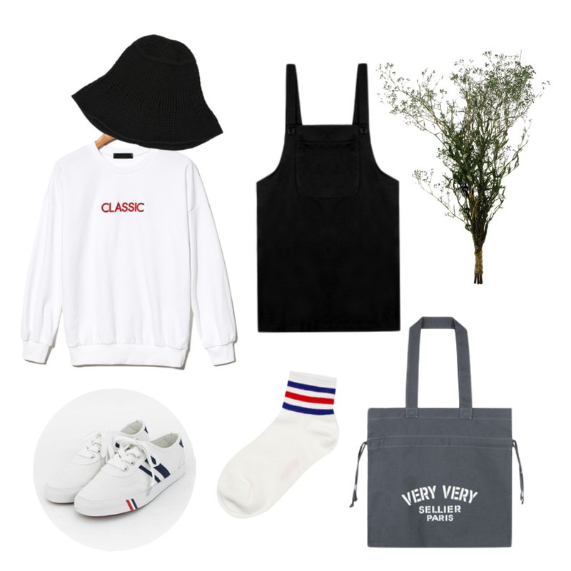 Reine Classic Comfortable Sweat Shirts,Reine Unique Coloring Cotton Socks,MIXXMIX 원포켓 베이직 오버롤등을 매치한 코디