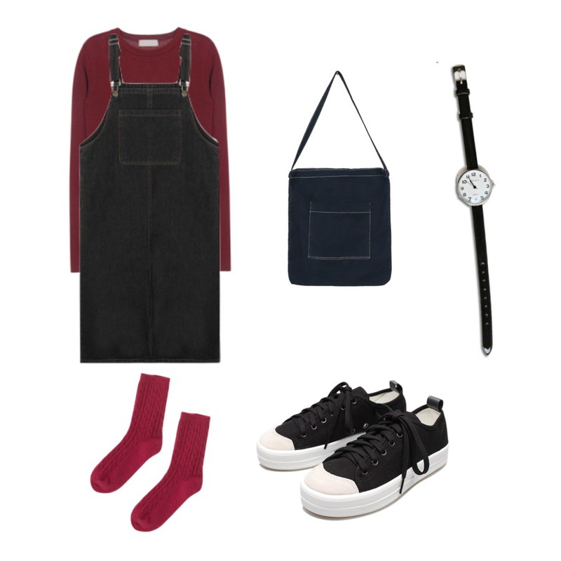MIXXMIX 데님 롱 오버롤 원피스,Reine Run&Run Neat Sneakers,MIXXMIX 라비스 타이트 티셔츠등을 매치한 코디