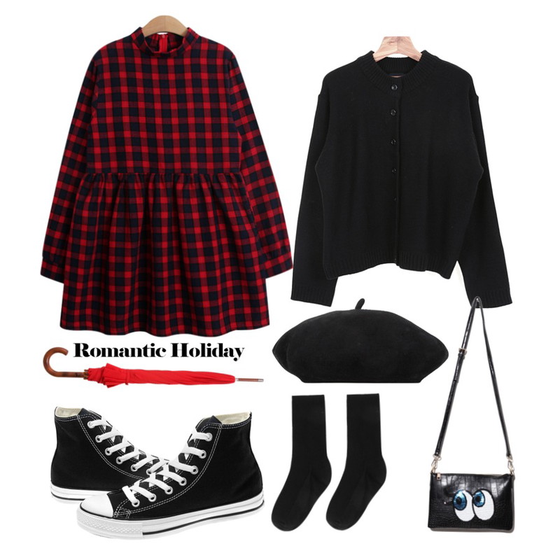 Player 컨버스 올스타 코어 하이 블랙 (CONVERSE ALL STAR HI BLK),AIN wool beret (4 colors),TODAY ME [dress]리사 체크 원피스등을 매치한 코디