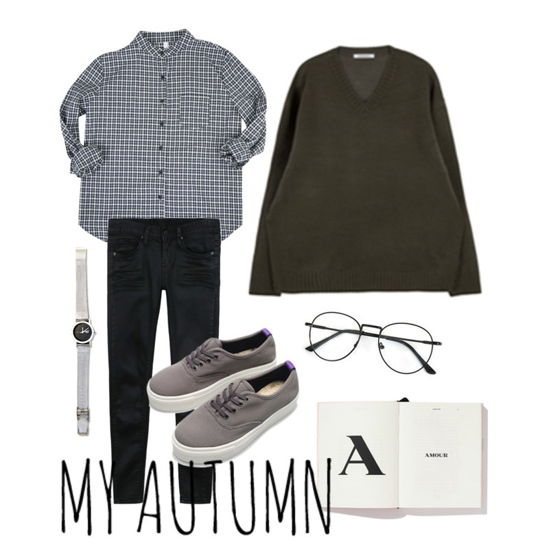 Salon de byme SAM CHINA CHECK NB ( 아이보리 , 네이비 ),Zemma World 프레임 (안경),daily monday Modern black coating skinny등을 매치한 코디