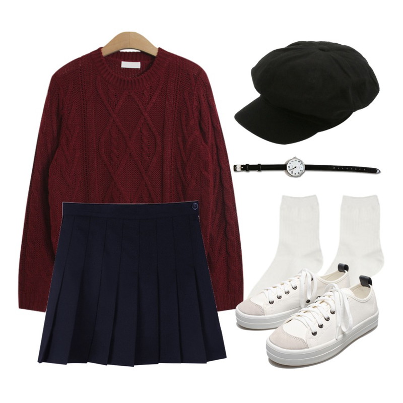 biznshoe tennis skirt (5color),MIXXMIX 파스텔 베이직 삭스,TODAY ME [knit]브리즈 니트등을 매치한 코디