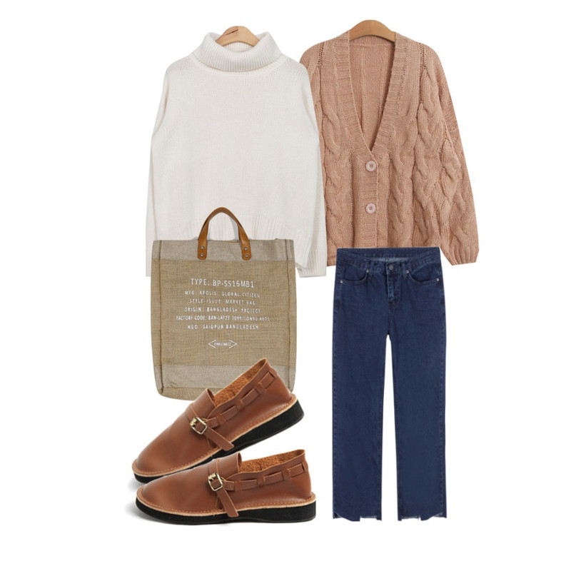 daily monday Typo square big bag,TODAY ME [cardigan]미우 가디건,AIN isabel full turtleneck sweater (3 colors)등을 매치한 코디