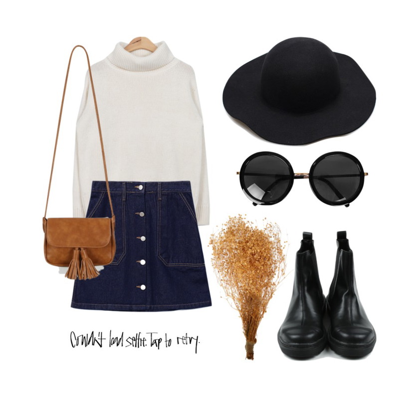 daily monday Slit stitch ankle boots,AIN isabel full turtleneck sweater (3 colors),Reine Honesty Button Denim Skirt 등을 매치한 코디