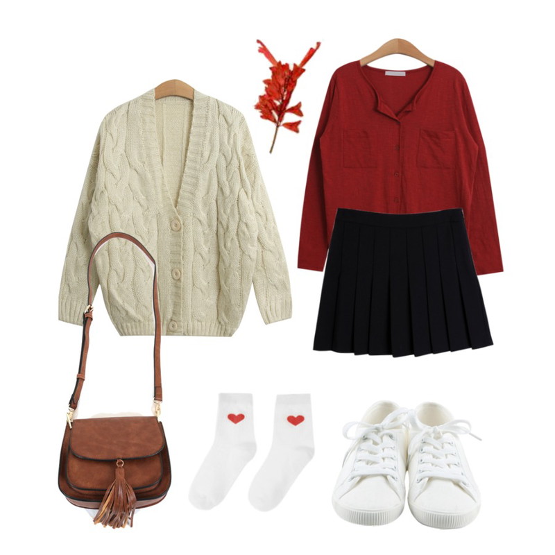 daily monday Basic tennis shoes,TODAY ME [cardigan]앵글 가디건,TODAY ME [cardigan]미우 가디건등을 매치한 코디