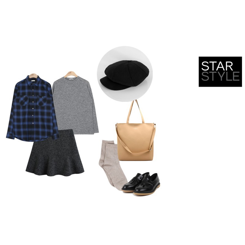 TODAY ME [skirt]이즈굿 스커트,AIN warm touch check shirt (3 colors),AIN drop isabel simple T (4 colors)등을 매치한 코디