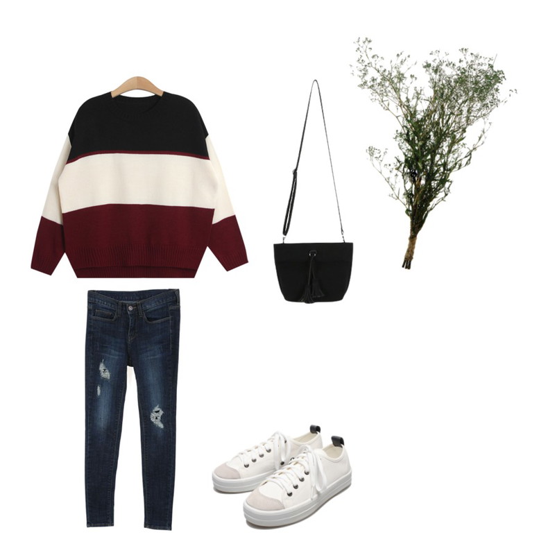 Zemma World Parisien.데미지15 (skinny),TODAY ME [knit]런더너 니트,daily monday Suede tassel cross bag등을 매치한 코디